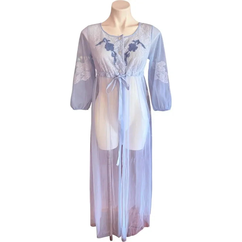 Movie Star Vintage 1970s Sheer Peignoir Robe Baby Blue Lace Floral Appliqué Sz S